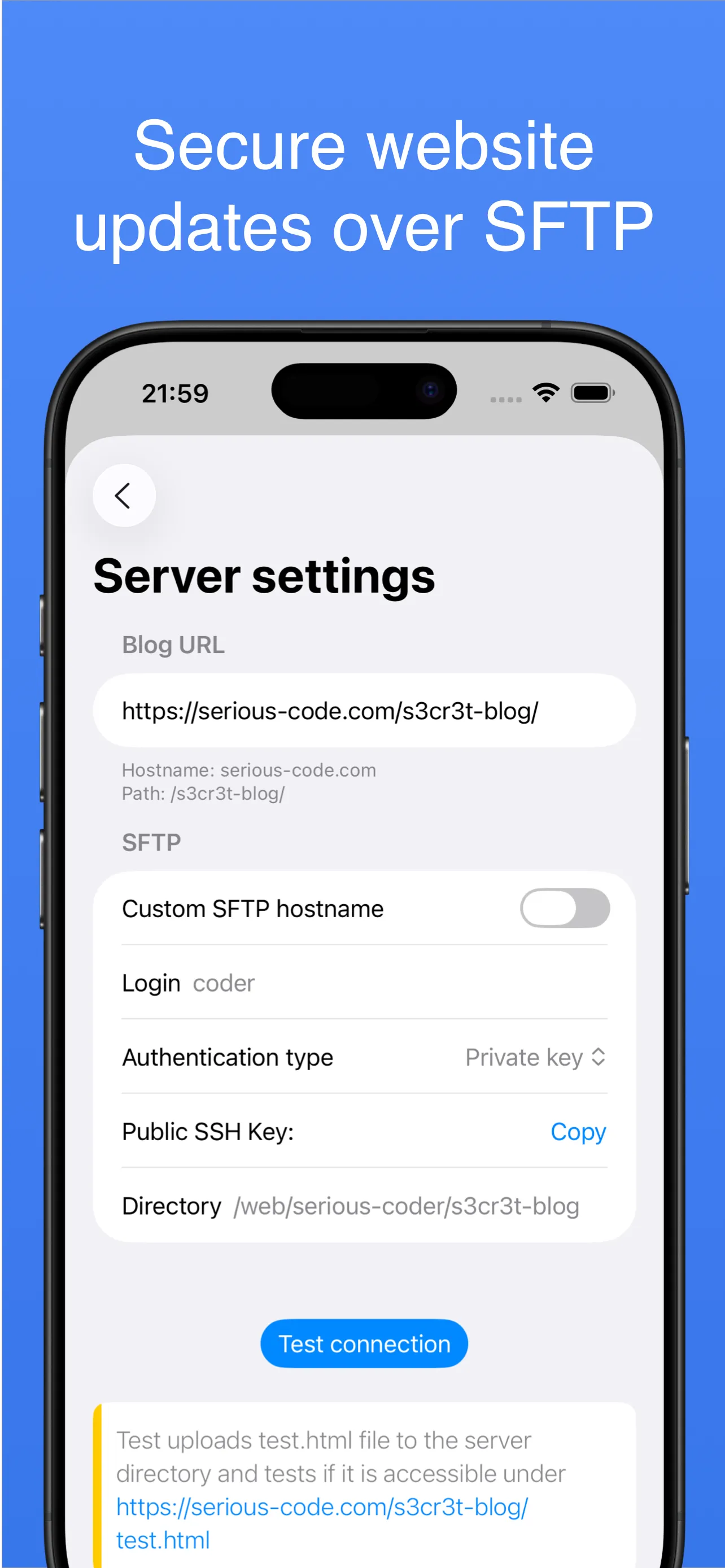 SFTP server settings with connection test — secure website updates over SFTP