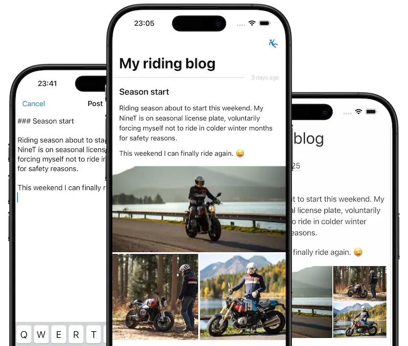Static app: post list, Markdown editor and photo posts on three iPhones